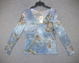 Xcit USA Women&#39;s Shirt Long Sleeve Blue Floral Rhinestone L NWT - £14.32 GBP