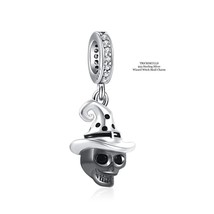 925 Sterling Silver Black Enamel Wizard Witch Hat Skull Bead Charm &amp; 45cm Chain - £14.46 GBP