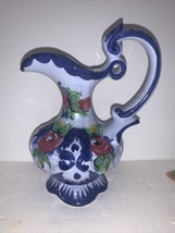 Vintage Ceramic Pitcher Vase Made Hand Painted Portugal Blue Floral Desi... - $14.84