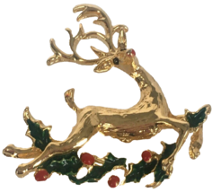 Vintage Leaping Reindeer Pin Brooch Christmas Holly Leaves Berries Holiday Gift - £11.79 GBP