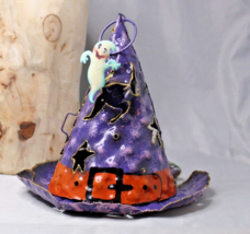 Metal Witch&#39;s Hat Tealight Holder Purple with Ghost Hanging Table Top - £13.48 GBP