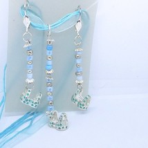 Necklace Earring Blue Bra Top 1/2 &quot; Charm Silver Blue Bead Blue Ribbon Cord - $15.00