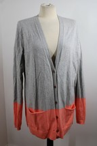 Lands End Canvas L Gray Orange Color Block Long Tunic V-Neck Cardigan Sweater - £20.17 GBP