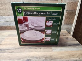 Holiday Time 12-Piece Porcelain Dinnerware Set Platinum Banded - New, Sh... - £39.14 GBP