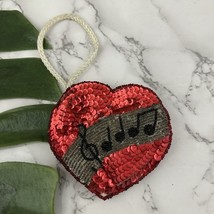 Vintage 80s Sequin Coin Pouch Mini Bag Red Heart Music Notes Beaded Shiny - $21.77