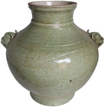 Jar Vase Double Lion Head Handle Celadon Crackled Green Ceramic Handmade - £501.63 GBP