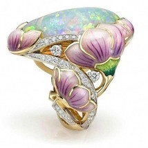 Trendy New Flower Lotus Leaves White Stone Ring Fashion Jewelry Yellow Gold Crys - £7.84 GBP