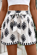 Black Tribal Geometric Print Belted High Waist Casual Shorts - $291.14 MXN