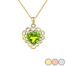 10k 14k Solid Gold Genuine Peridot Filigree Heart-Shaped Pendant Necklace August - £77.01 GBP