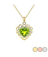 10k 14k Solid Gold Genuine Peridot Filigree Heart-Shaped Pendant Necklac... - £74.96 GBP