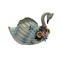 Vintage Swan Porcelain Figurine Ring Dish Floral Pink White Blue Yellow Bisque - £18.63 GBP