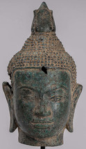 Antique Khmer Style Bronze Lotus Flower Buddha Head - 36cm/14&quot; - £382.84 GBP