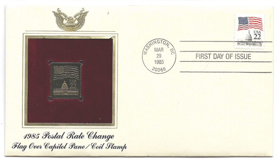 First Day Cover US Flag 1985 Gold Replica Postage Stamp 22 cent Gold Stamp - $10.99