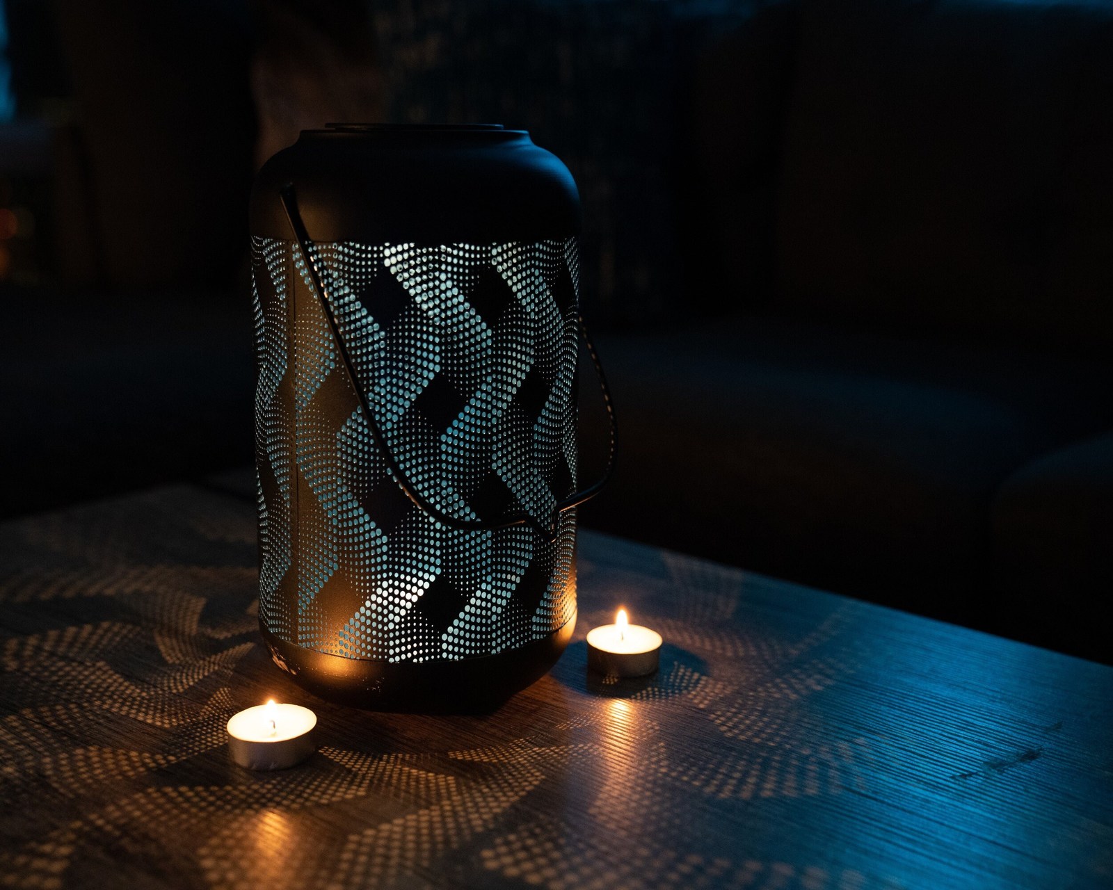Solar Metal Lantern Light-9 inch Black and Blue Wave with WW LED- Home Decor - $34.49