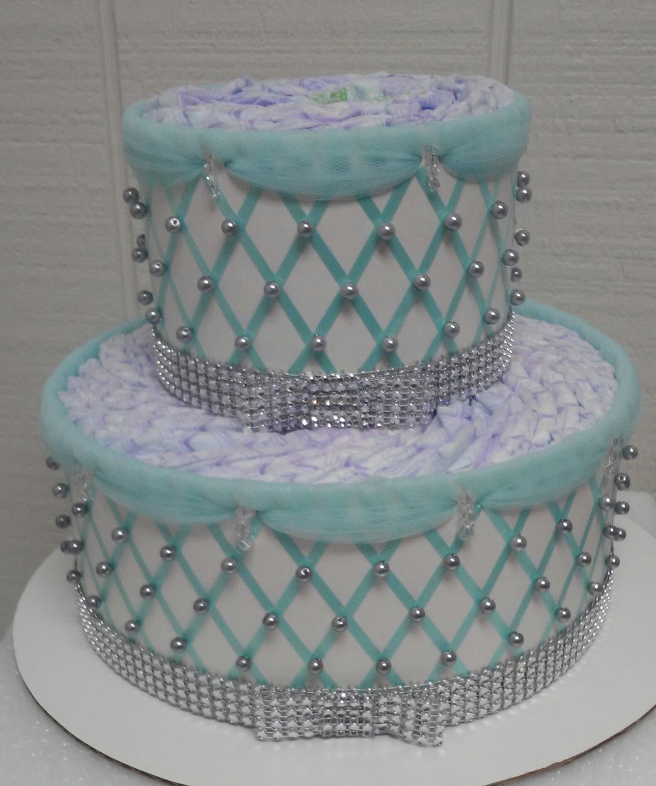 Robin Egg Blue and Silver Bling Themed Baby Shower 2 Tier Diaper Cake