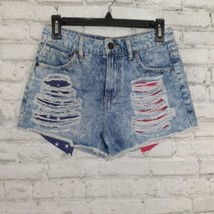 Refuge Jean Shorts Womens Size 2 Blue Denim Distressed USA Flag Pockets Shorties - £14.46 GBP