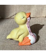 Vintage Bisque Porcelain Duck &amp; Egg Duckling w Ribbon in Beak Figurine - $8.91