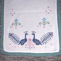 Vintage Linen Runner Cross Stitch Dresser Scarf  Embroidered 14” x 39” Peacocks - £10.02 GBP