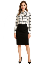 Queen Letizia Inspired Windowpane Check Blouse &amp; Satin Pencil Skirt Set ... - $139.99