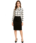 Queen Letizia Inspired Windowpane Check Blouse &amp; Satin Pencil Skirt Set ... - $2,567.99 MXN