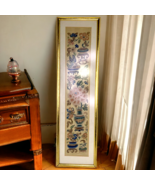 Vtg Asian Embroidered Silk Framed Art Flowers Vase 24&quot; x 6.5&quot; Forbidden ... - £199.79 GBP