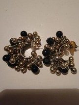 Vintage Womens Earrings VTG Gold Tone   Half Circle Black Cluster Beads  - £19.55 GBP