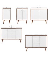 White Mid Century Modern Walnut Bathroom Vanity Ceramic Sink Single Double - $350.98 CAD+