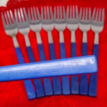 9X DF Anacapa Stainless Cubed Plastic Handles Blue Dinner Forks 7.75&quot; Vtg - $24.98