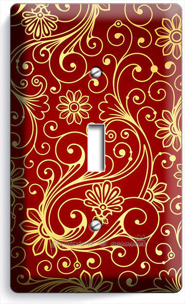 LUXURY RED GOLD SWIRL DAMASK PATTERN SINGLE LIGHT SWITCH PLATE COVER ROOM DECOR