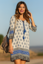 La Moda Boho Paisley Tunic Tassel Tie Peasant Dress Womens Sz M Cream Bl... - €20,56 EUR