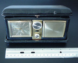 Vintage Folding Travel Alarm Clock Radio Genuine Leather Case 1960&#39;s - £54.95 GBP