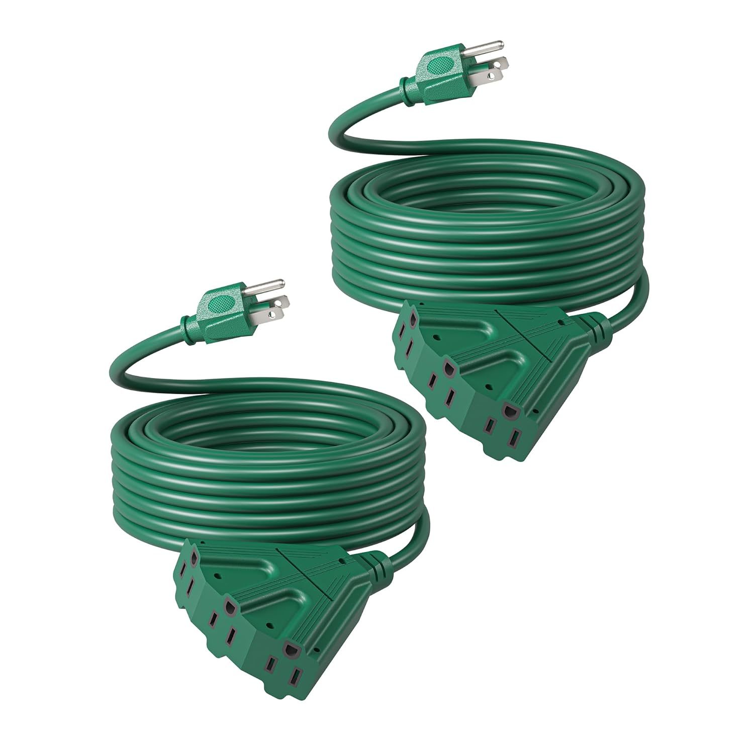 25 Ft Green Outdoor Tri-Tap Extension Cord Splitter For Christmas, Weatherproof