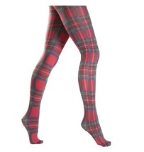 Tartan Plaid Print Tights Opaque Hosiery Pantyhose Red Multi Printed Patterned X - £12.22 GBP