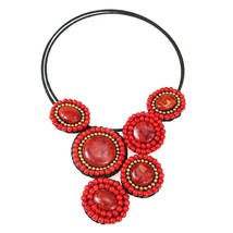 Mosaic Charm Synthetic Coral- Brass Beads Cotton Rope Red Choker - $19.79