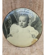 Antique CELLULOID PHOTO BUTTON Medallion Infant in Wicker Chair 6&quot; With ... - $62.60