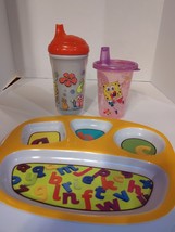 Lot Of 3 - 2 Sponge Bob Sippy Cups With Circo ABC’s Divided Kids Melamine Plate - £7.75 GBP