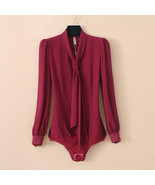 Lantern Long Sleeve Bow Tie Neck Elegant Chiffon Bodysuits - $58.95
