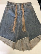 DKNY Jeans Retro Raw Hem Denim Embroidered Belted Skirt Size 6 - £29.00 GBP