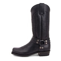 Men Western Cowboy Boots Embroidery Square Heel 4.5cm Belt Buckle Mid Calf Motor - £77.20 GBP