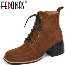 FEDONAS Autumn Winter Women Ankle Boots Retro Sewing Cow Suede Leather Thick Hee - £119.73 GBP