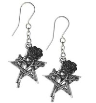 Alchemy Gothic Ruah Vered Earrings Pentagram Black Rose Pair Surg Hooks E402 New - £15.20 GBP