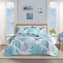 3 Piece Coastal Quilt Sets Full/Queen Size - Reversible Microfiber Quilts With 2 - £81.79 GBP