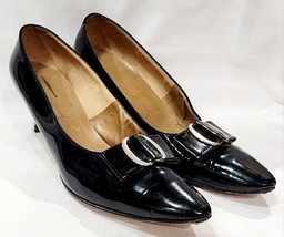 Evins BLACK PATENT LEATHER Bow Heel Pump Silver Metal Ring Women 8 - 8.5... - $29.99