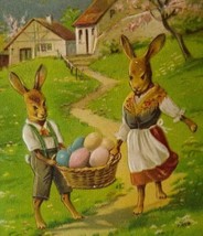 Easter Postcard Fantasy Dressed Rabbits Bunnies Painted Eggs BW 313 German 1909 - £21.50 GBP