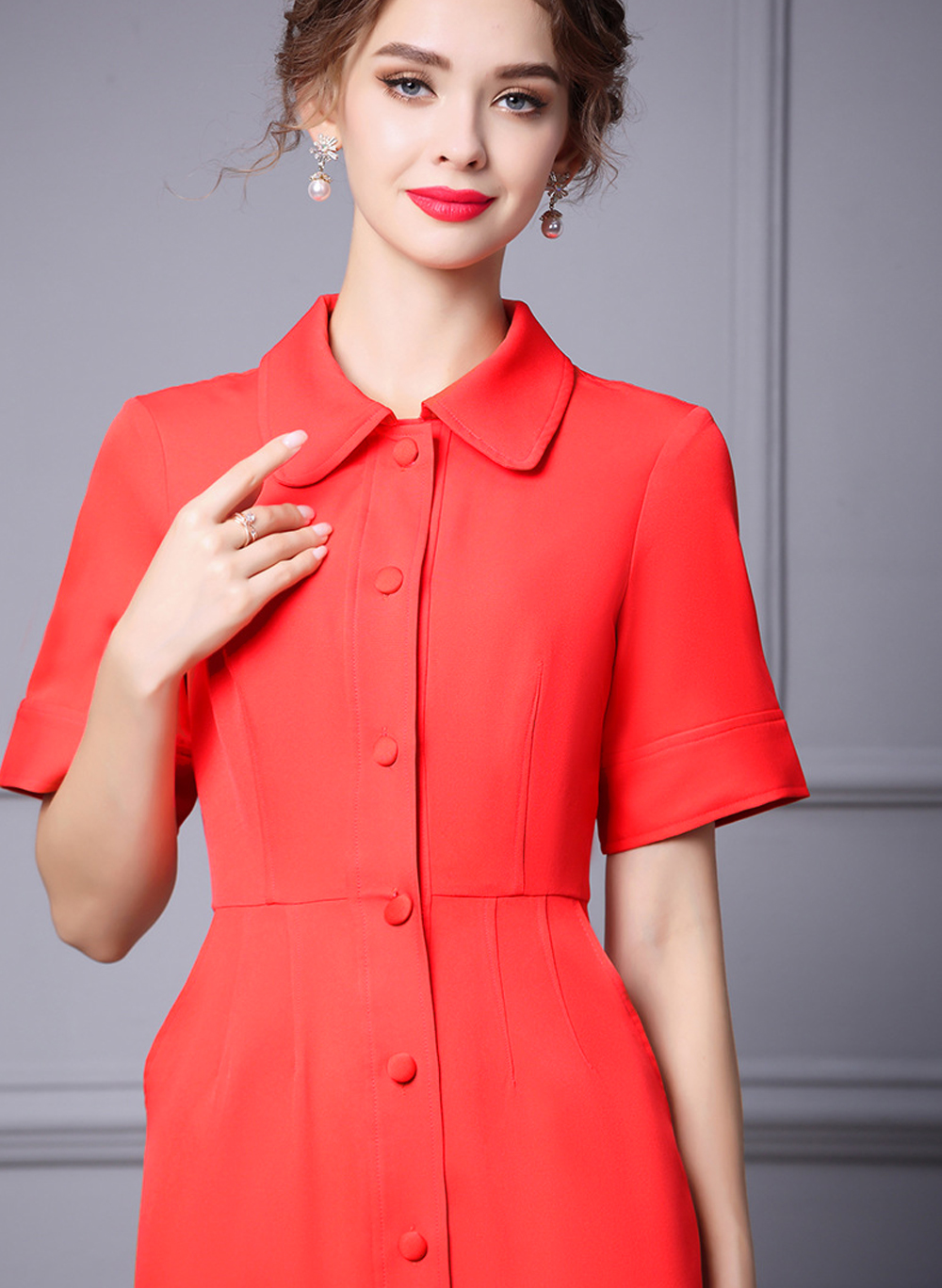 Celeb Amal Clooney Inspired Shirt Collar Scarlet Shirt Sheath Midi Dress in Red Item image 7