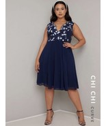 Chi Chi Curve Samar Dress Navy Blue Embroidered Floral UK Size 18 US XL 14 - £60.55 GBP
