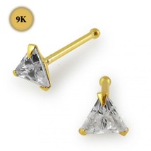 Three Claw Prong 3mm Trillion CZ 9K Yellow Gold 6mm Ball End Nose Pin Stud 22G - £39.48 GBP