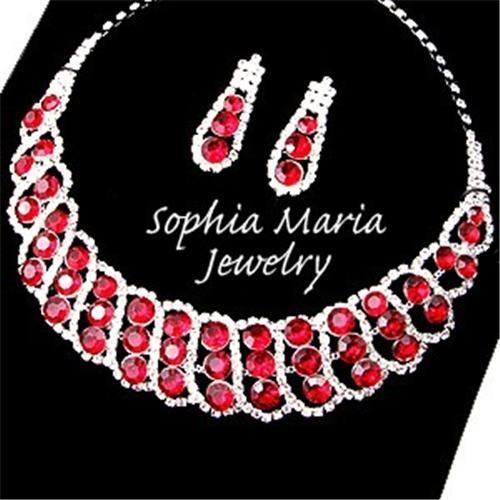 Primary image for Red crystal rhinestone formal party evening necklace set mother or the bride