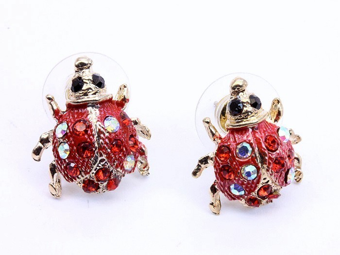 Primary image for Red lady bug cute fashion earrings pierced crystal stones red clear black