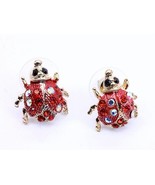 Red lady bug cute fashion earrings pierced crystal stones red clear black - $16.28 CAD